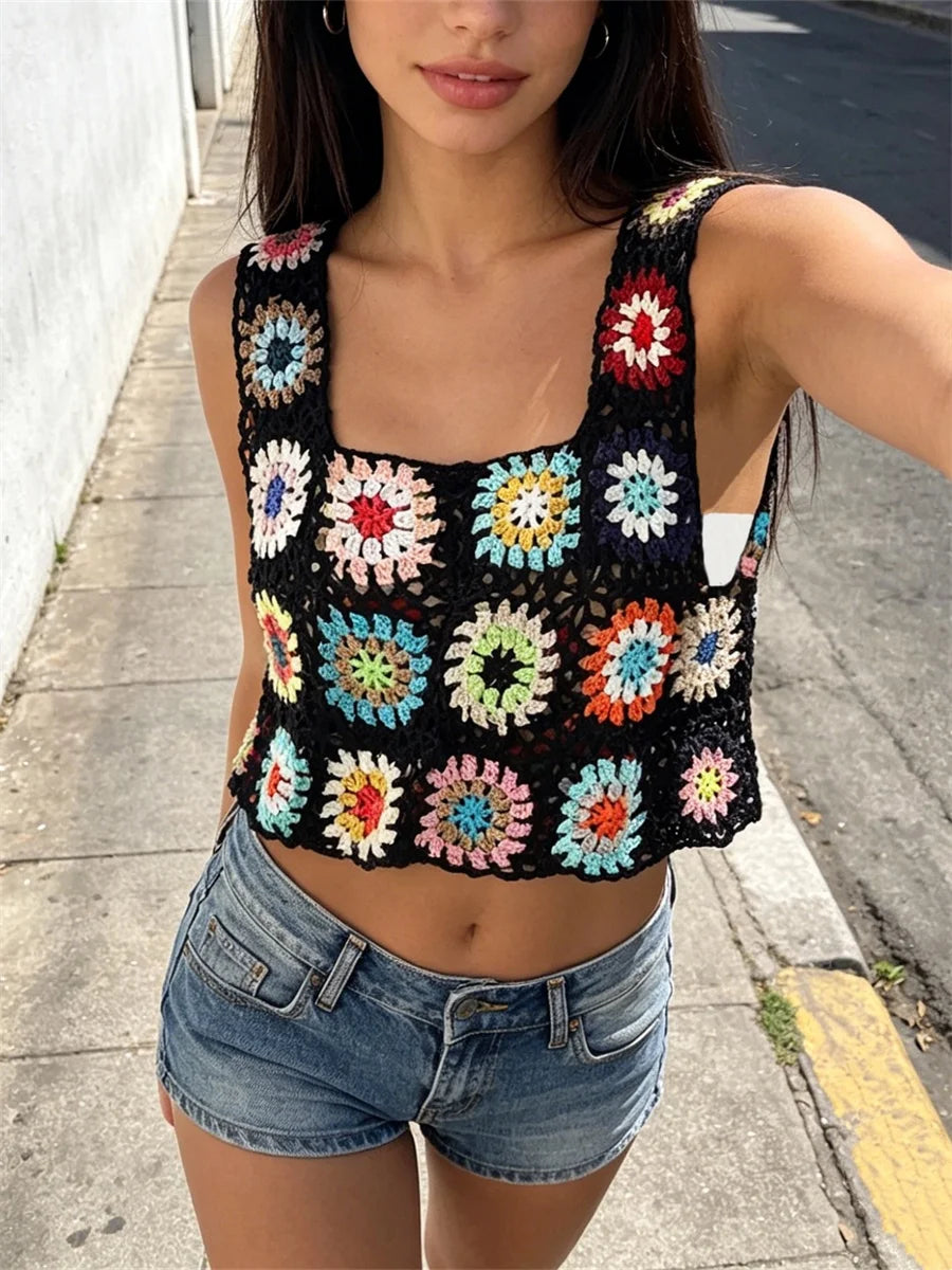 Summer Women Flower Crochet Vest Sleeveless Cover-ups Hollow Out Knit Crop Tops Bohemian Casual Daily Beach Tank Tops