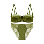Lace Brief Sets Embroidery Underwear Sexy Satin Thin Cup Push Up Bra Set Women Romantic Bralette Green Breathable Lingerie