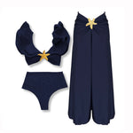 3 Pieces Sexy Bikinis Set Shoulder Ruffle Swimsuit Women 2025 Swimwear Shiny Star Swim Suits Female Bodysuit Bathsuit Beachwear