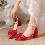 2026 New Pointed Toe Pearl French Heels Block Heel Bow Single Shoes Red Wedding Shoes