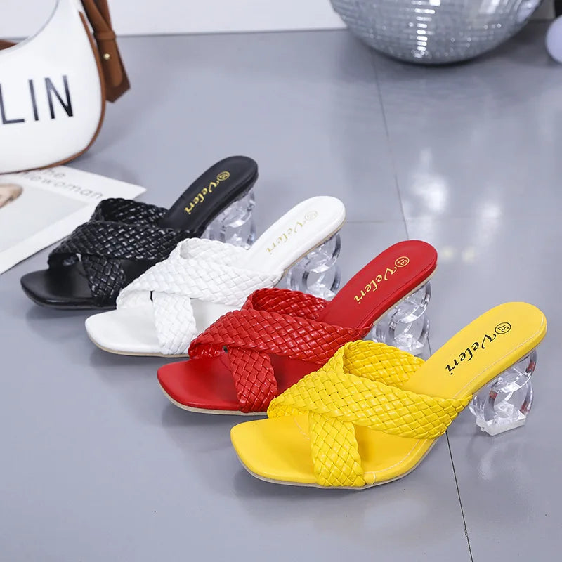 Transparent Strange High Heels Sandals Women SummerPlus Size Weave Female Slippers Fashion Yellow Open Toe Slides