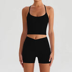 Yoga Shorts Sets Women Hanging Neck Hollow Back Sports T Shirts Sportsuit Gym High Waist Pocket Pants Fitness Workout Clothes