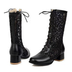 New Arrivals Big Size 43 Fashion White Lace Summer Boots Women Chic Black Square Med Heels Lace-up Mid-calf Boots Wedding Shoes