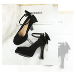 BIGTREE Women's Pointed Toe High Heels Back Bowknot Elegant Flock Ankle Strap Pumps for Women Black Dress Shoe Wedding Party