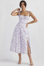 Sexy Low Cut Spaghetti Strap Maxi Dresses For Women Color Flower Printed Chest Wrap Bowknot Leace-up Long Dress Elegant Vestidos