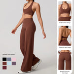 Hearuisavy Summer Yoga Set 2Pcs Women Breathable Backless Halter-Neck Sports Bra Push Up Pilates Fitness Top Straight Leg Pants