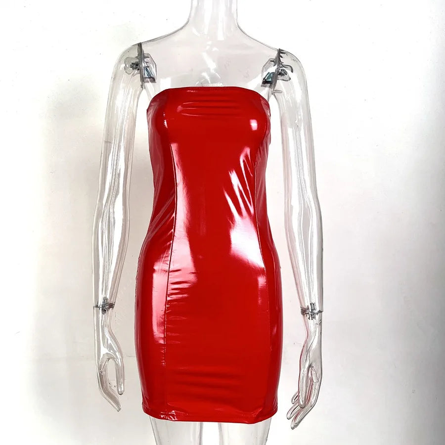 Glossy Leather Tube Top Mini Dress Women Fashion Sexy Backless Package Hip Slim Sleeveless Short Dresses Hot Girl Streetwear