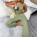 Women Ribbed Pajama Set Lace Trim Camisole Top & Drawstring Pants Sexy Sleepwear Autumn Soft Lounge Homewear