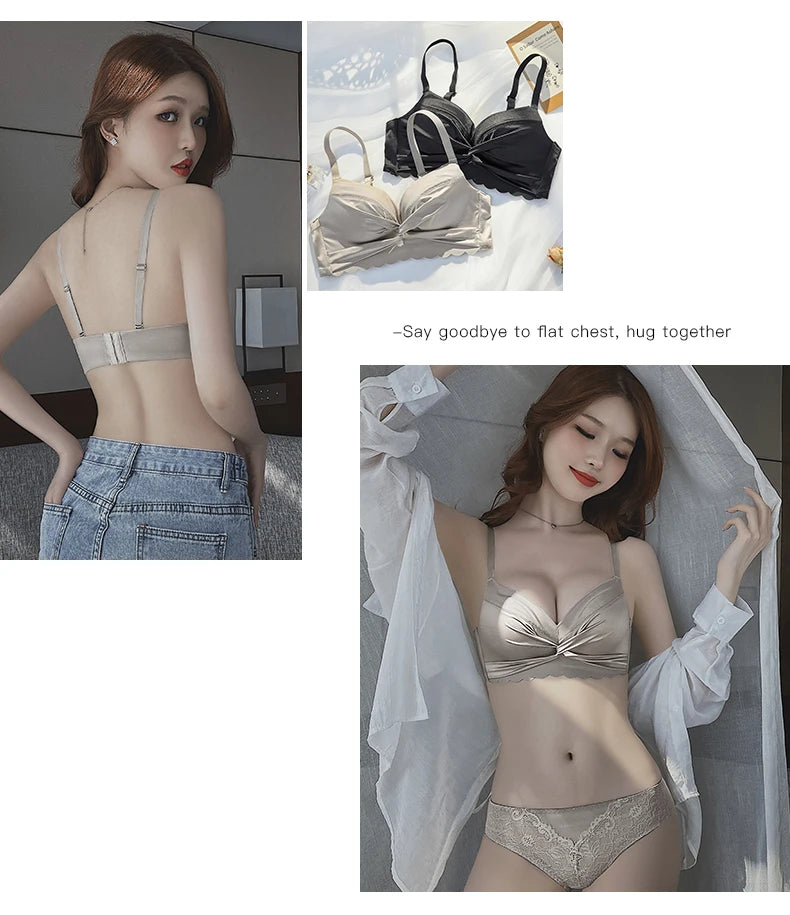 MOYISU Lingerie Women's Small Chest Gathering Summer No Underwire Retraction Breast Anti-sag Flat Bra Cover Underwear Set