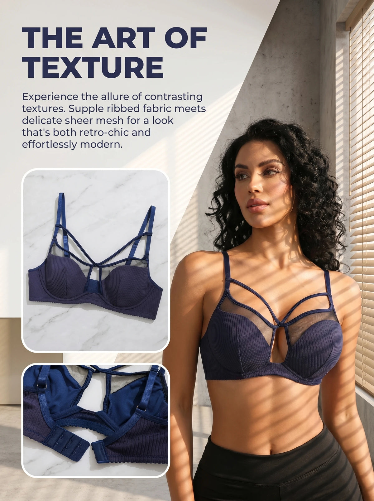 Women Blue Bra Retro Bralette With Mesh Panel Sexy Cross Strap Push Up Lace Underwear MR3585