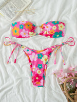 Sexy Bandeau Bikini 2025 Women Pink Floral Print Ring Circle Push Up Micro Swimsuit Off Shoulder Bathing Suit Thong Swimwear