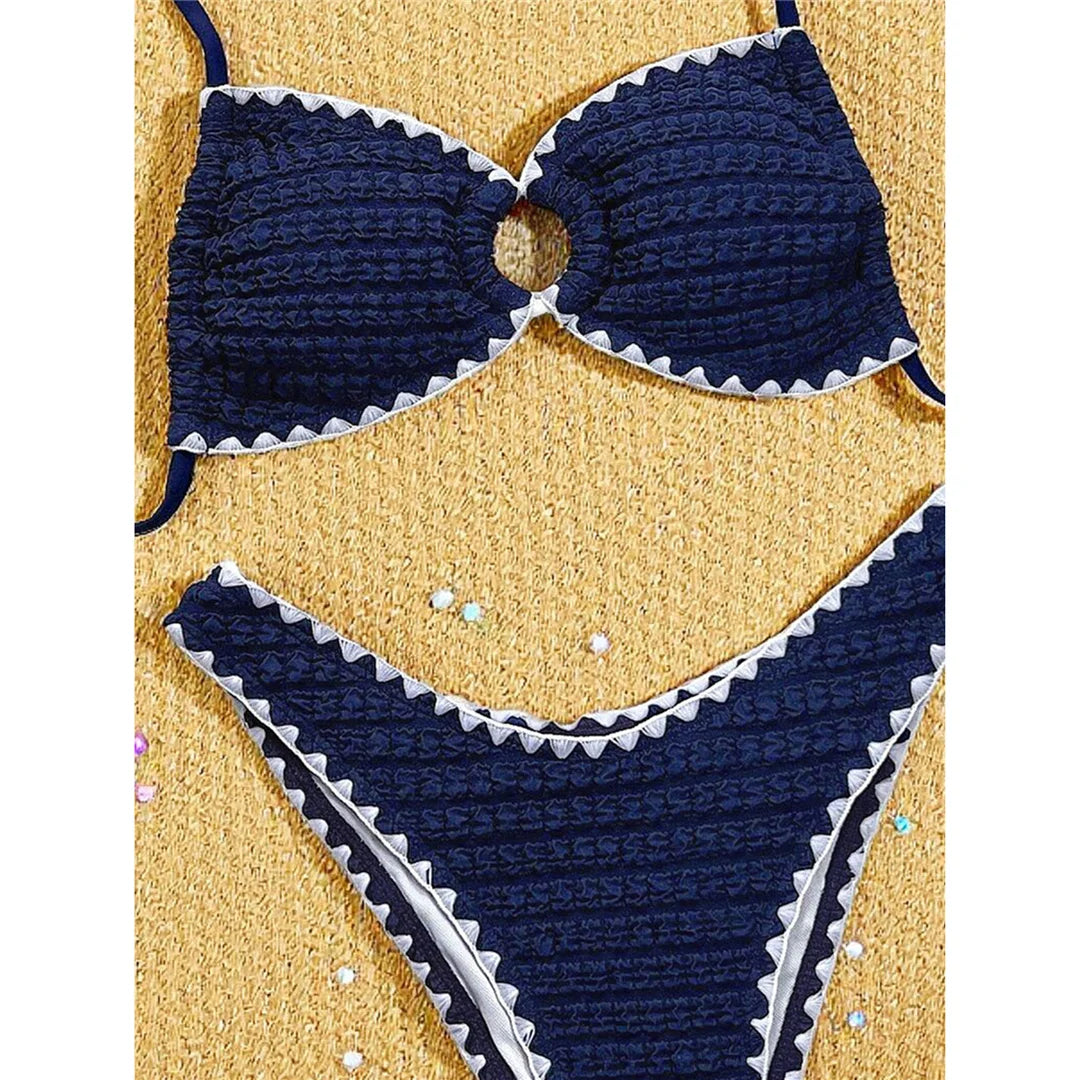 Sexy Wrinkled Crinkled Cut Out Bikini Women Swimwear Female Swimsuit Padded Bather Bathing Suit Swim Two-pieces Bikini set K8054