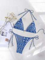 Blue Floral Print 2 Piece Micro Bikini Set for Women 2025 New Push Up Bra Thong Swimsuit Beach Bathing Suit Holiday Swimwear