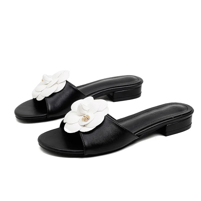 High End Luxury Flower Slippers Women Camellia Shoes Open Toe Slides Femme Outside&Home Pantuflas Sandals Ladies Flip Flops