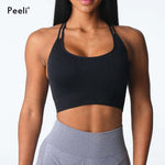 Virtue Seamless Sports Bra Women Backless Gym Crop Top Medium Impact Padded Yoga Bras Strappy Push Up Fitness Brassiere Woman