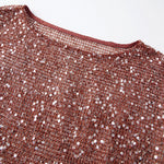 Summer Women's Fishnet T-shirt Casual Loose Fit Stylish Solid Color See Through Sequined Crew Neck Elbow Sleeve Tops