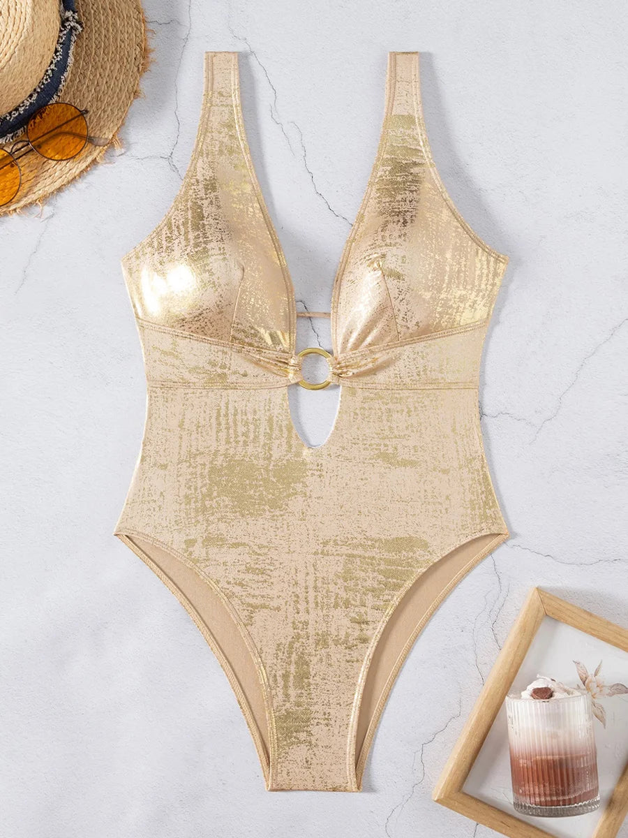Golden Glitter Deep V Neck Female Swimwear One Piece Swimsuit Women Backless Monokini High Leg Cut Bathing Suit Swim Beachwear