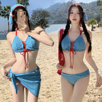 New Blue Plaid Bikini Set Cute Sea Vacation Four-Piece Suit Separate Design High Quality Girls Pure Desire Cross-Border Item