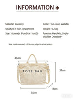 2026 Autumn New Women's Corduroy Tote Bag - Large Capacity, High-End Texture, Fashionable Commuter Shoulder & Crossbody Bag