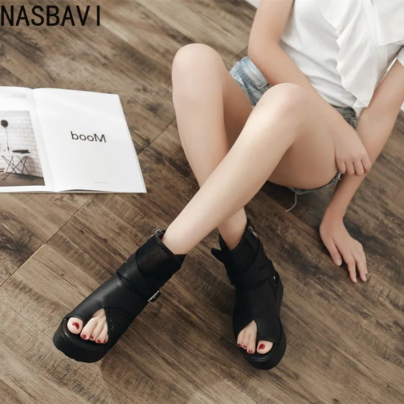 2026 Sexy Black Women Wedge Platform Sandals Summer Ladies Cool Boots Zipper Open Toe Sandalias Breathable Female Roman Shoes