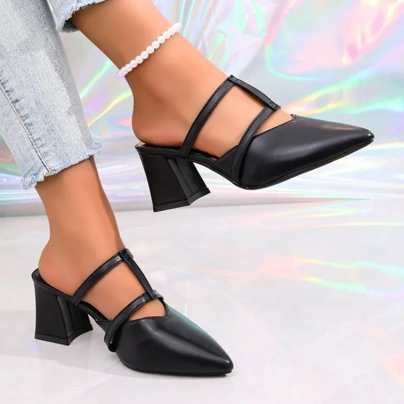 Baotou Semi-slippers Women's Summer Wear Fashion Pointed Toe Shallow MouthSquare Heel Sandals and Slippers
