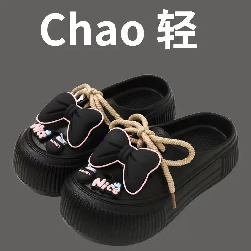 2025 New Slippers DIY Bow Platform Sandals for Women Summer Thick Sole Beach Slides Woman Flowers Non Slip Clogs Garden Shoes
