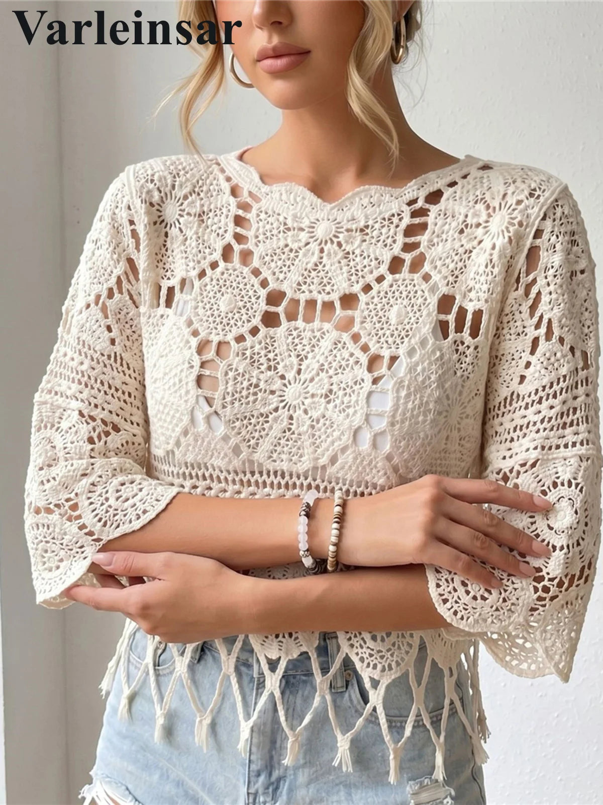 Half Sleeve Hollow Out Solid Crochet Knitted Tunic Beach Cover Up Cover-ups Beach Dress Beach Wear Beachwear Female Women V8401