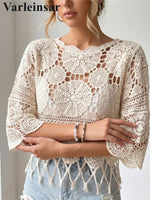 Half Sleeve Hollow Out Solid Crochet Knitted Tunic Beach Cover Up Cover-ups Beach Dress Beach Wear Beachwear Female Women V8401