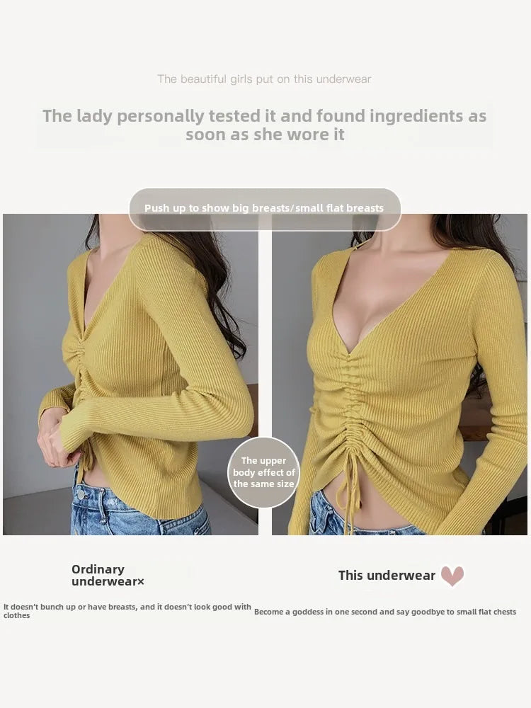 MOYISU Lingerie Women's Small Chest Gathering Summer No Underwire Retraction Breast Anti-sag Flat Bra Cover Underwear Set