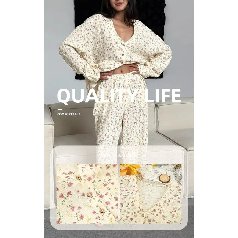 New 100% Cotton Printed Cardigan Pajama Set Women's New Autumn Long Sleeved Pants Pajamas Loose Home Clothing 2-piece Set 2026