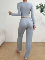Women Autumn Winter Sleepwear Blue Lace Long Sleeves T-shirt Tops and Trousers 2 Pieces Pajamas Set Loungewear Home Suit