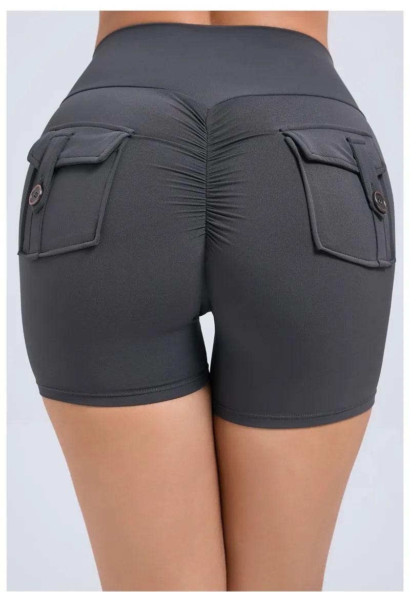 Women's Peach Lifting Yoga Shorts - High Waisted Stretchy Workout Shorts with Button Quick-Dry Tummy Control for Running Fitness