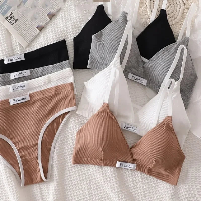 Women Cotton Bra And Panties Set Low Rise Briefs Panties Non-Wire Vneck Bras Sexy Lingerie Push Up Brassiere Female Underwear