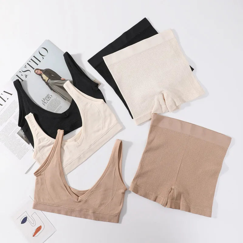 Seamless Bra Set Women V Neck Bra Wireless Brassiere Sexy Lingerie Set Soft Shorts Women's Underwear Set Female Comfy Intimates