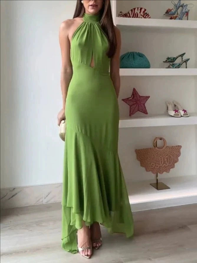 Temperament Halter Neck Long Dresses Women Green Backless Leace-up Irregular Package Hip Party Dress Elegant Banquet Vestidos