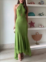 Temperament Halter Neck Long Dresses Women Green Backless Leace-up Irregular Package Hip Party Dress Elegant Banquet Vestidos