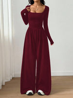 Women's Casual Solid Color Square Neck Long Sleeve A-Line Jumpsuit Pleating Wide Leg Loose Mopping Jumpsuit Spring/Fall 2026