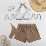 Sexy Purple Thong Bikini with Shorts Women Three Pieces Swimsuit Brazilian Swimwear Female Beachwear Halter Bathing Suit Outfit