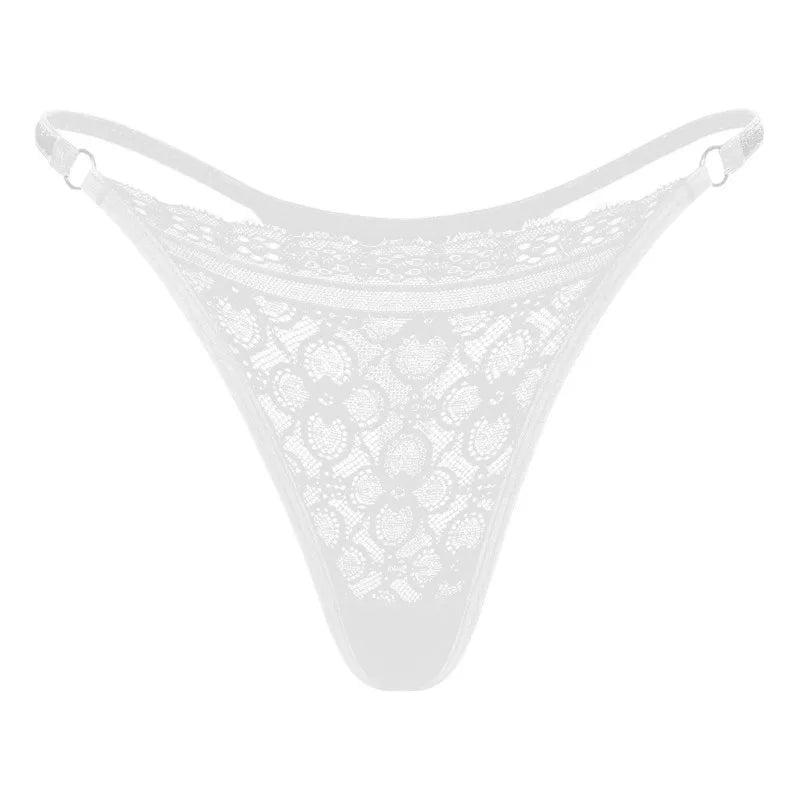 New Women Lace Trim Thong Panties Silver Ribbon Panel Low Rise Sexy G-string Breathable Stretch Skin Friendly Intimate Underwear