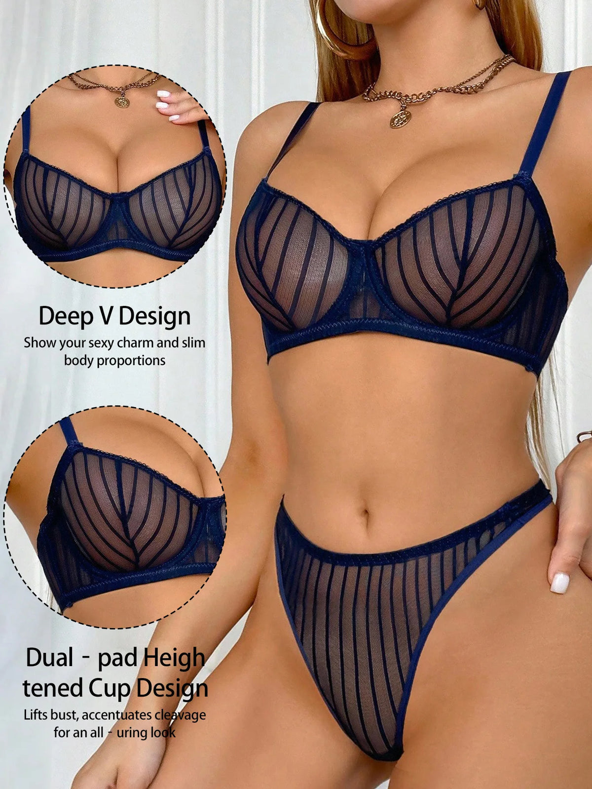 3/4 Cup Sexy 2 Pcs Lingerie Set Blue Brassiere Set Lace Women Set underwear Set push up Set YS2864