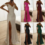 Women Evening Dress Off Shoulder V Neck Side Slit Floor Length Sequin Ball Gown Sleeveless Prom Wedding Party Banquet Maxi Dress