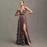 Women's Fashion Flower Print Bead Chain Halter Neck Long Dresses Sexy V-neck Backless Leace-up Slit Dress Lady Party Vestidos