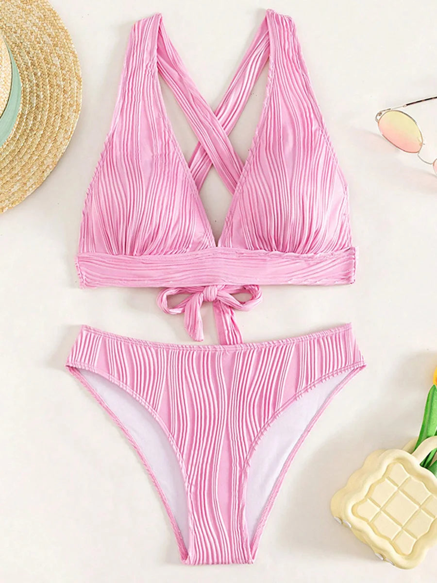 Wrinkled Crinkled Cross Back Bikini Women Swimwear Female Swimsuit Two-pieces Bikini Set High Cut Bathing Suit Swim Beach Wear