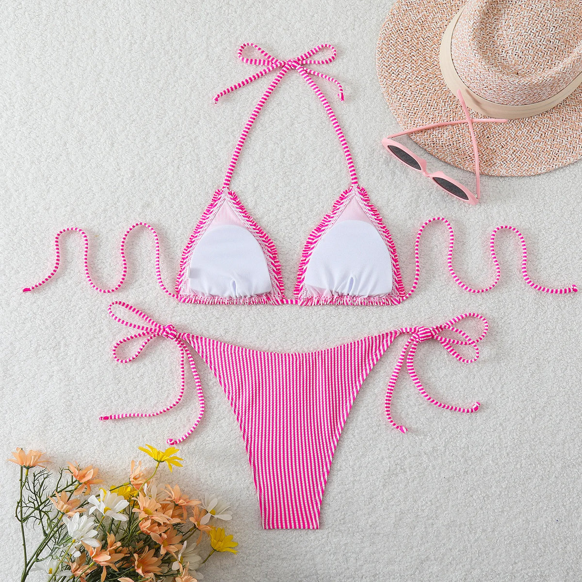 New Sexy Blue Striped String Bikinis Two Pieces Swimsuit Women Swimwear Halter Beach Wear Swim Bathing Suits Frill Bikini Set