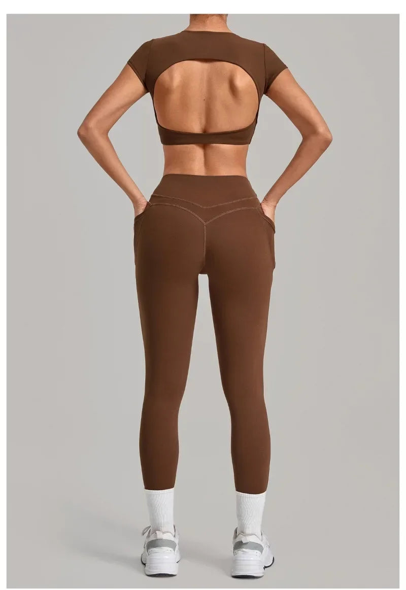 Women's Seamless Yoga Sets Sports Running High Waist Hip-lifting Pants Backless Short-sleeve Suits Workout Fitness Leggings Sets