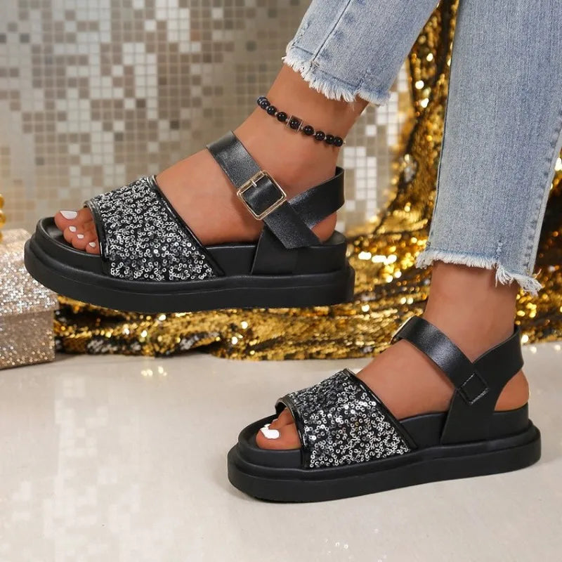 Flat Sandals for Women Plus Size Shiny Sequin Decor Platform Sandals Summer Comfort Light Casual Shoes
