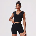 Naked Yoga Sets Women Gym V Neck Slim Sports Vest High Waist Shorts 2 Piece Fitness Suits Outwear Running Workout Tracksuit
