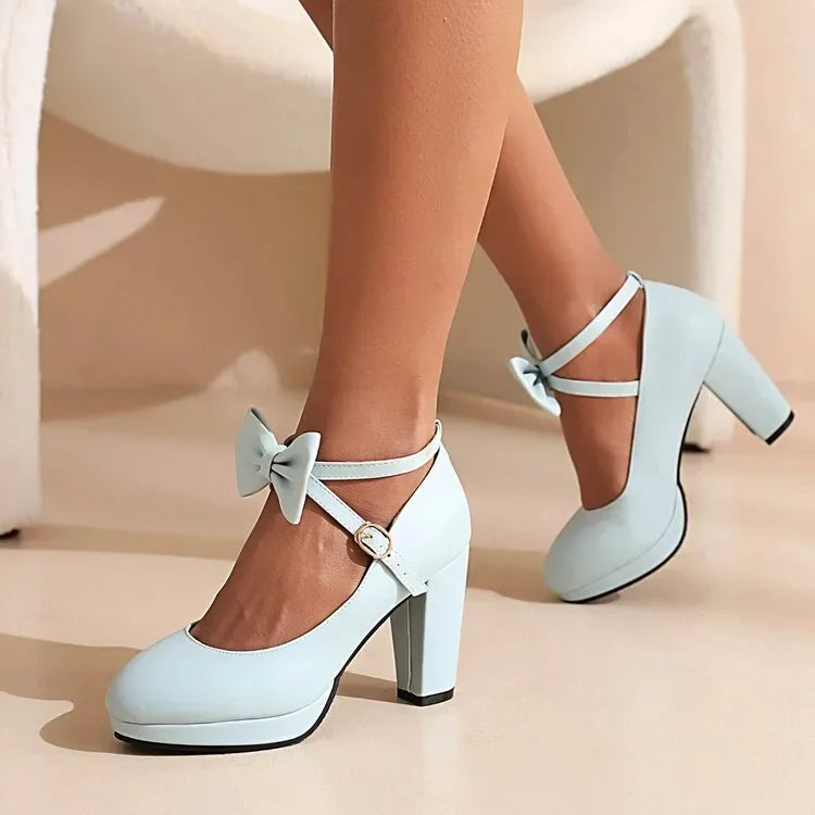 Spring and Autumn New Style Fashion Round Head High-heeled Women's Shoes Sweet Bow Shallow Mouth Buckle Thick Heel Women Shoes