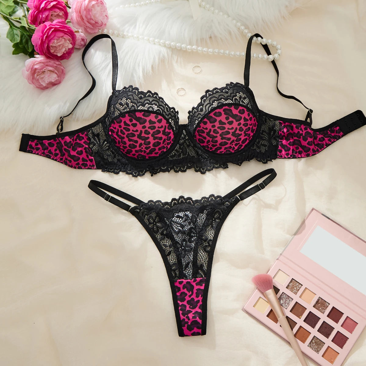 Hot girl rose pink leopard print patchwork lace lingerie set - sexy net fabric 3/4 cup shaping bra thong set ZA825182