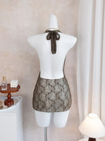 Women's CasualBeach Cover Ups Brown Deep V Neck Pleate Lace Short Dress Spring & Fall Vacation Sun Protection Smock